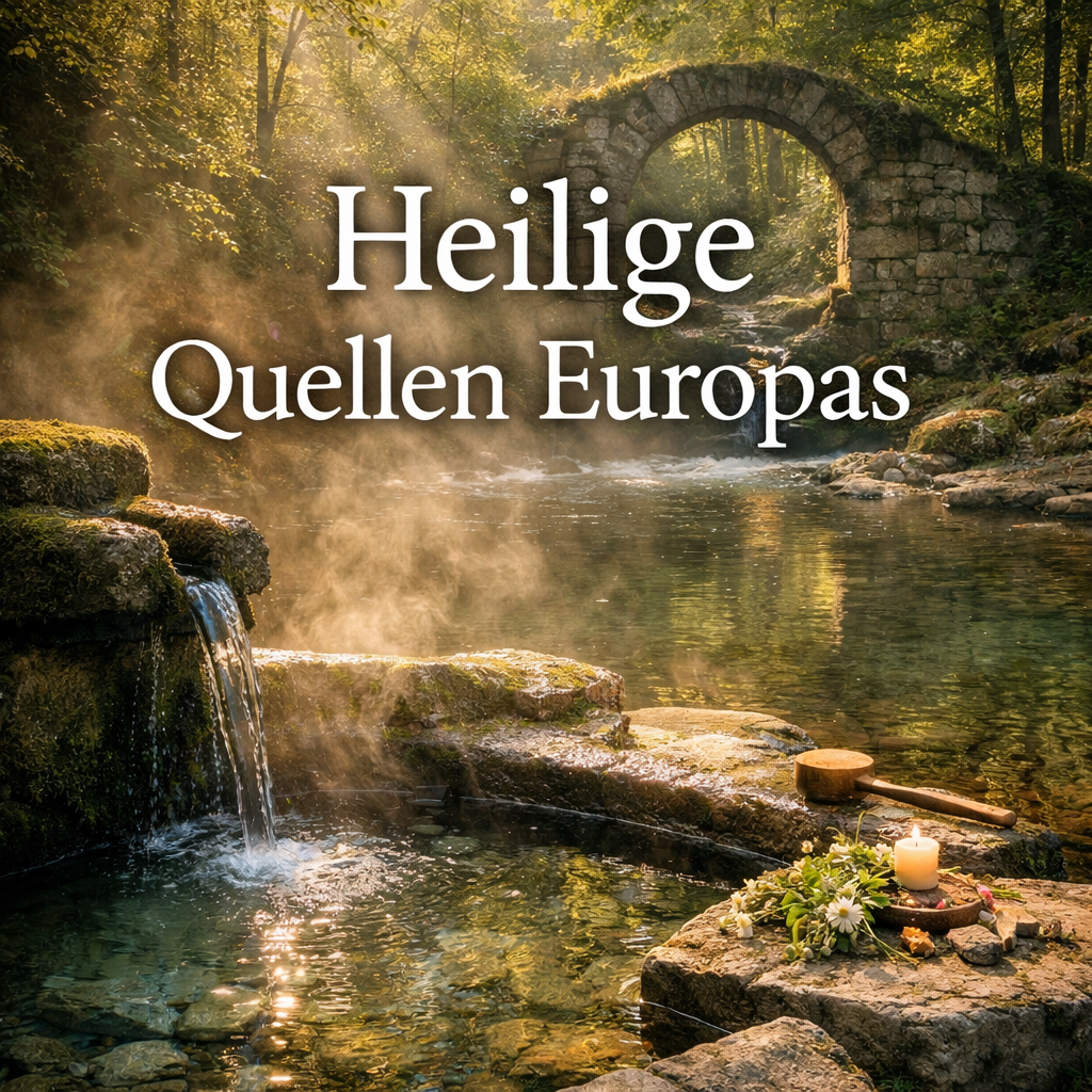 Heilige Quelle in europäischer Waldlandschaft mit Quellbecken, fließendem Wasser und steinernem Übergang als bedeutungsvoller Ort