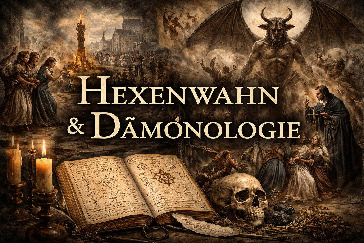 Aberglaube, Hexenwahn und Dämonologie als historisches Thema – symbolische Darstellung von Gerichtsprozessen, Schriftquellen und frühneuzeitlichen Deutungsräumen.