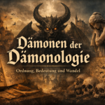 Symbolische Darstellung der Dämonen der Dämonologie mit mittelalterlichem Buch, dämonischer Figur, Engelsskulptur und kosmischer Ordnung als Sinnbild eines europäischen Denksystems.
