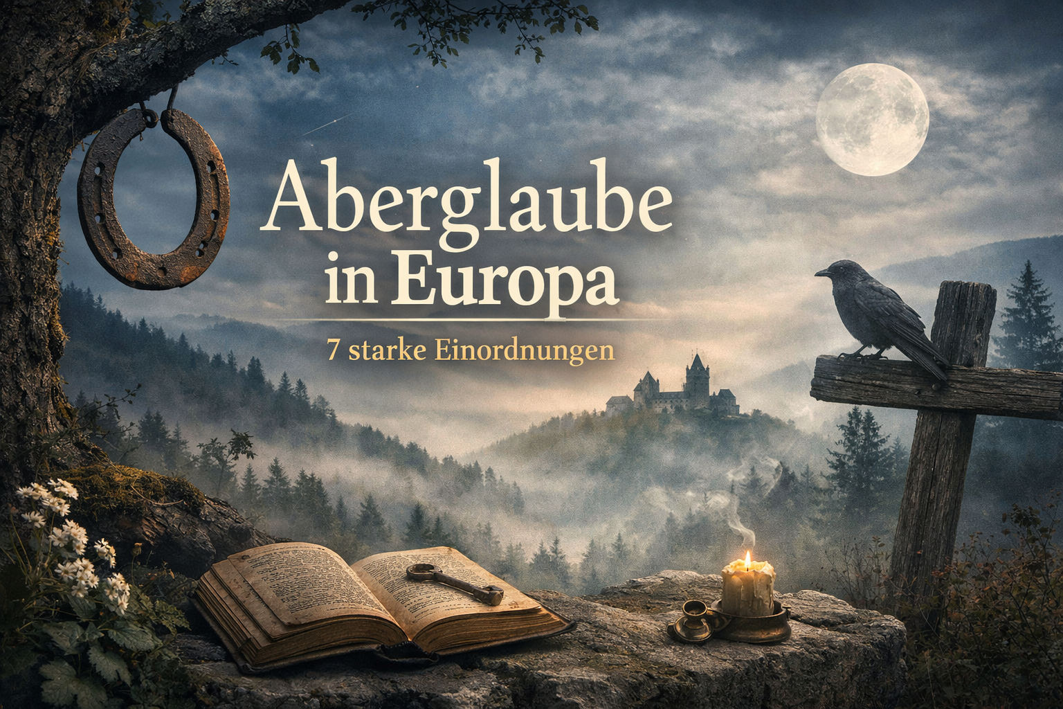 Aberglaube in Europa – symbolisches Landschaftsbild mit Hufeisen, Rabe, Mond und alten Zeichen