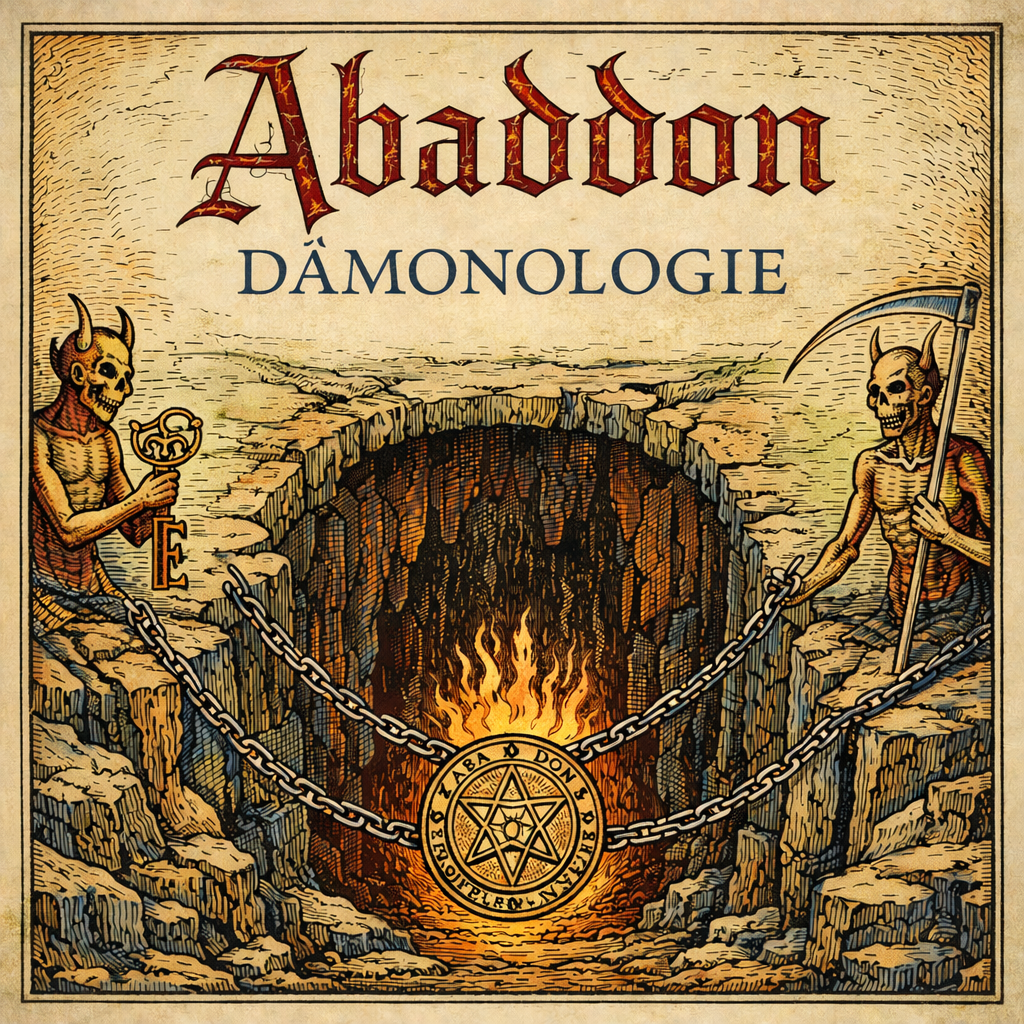 Mittelalterliche Illustration eines Abgrunds mit Ketten und Siegel, symbolische Darstellung von Abaddon – Abaddon Dämonologie