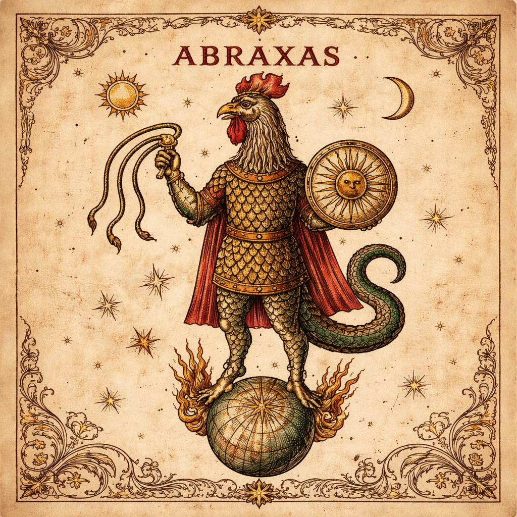 Mittelalterliche Buchillustration von Abraxas als symbolisches Mischwesen mit Hahnenkopf, menschlichem Körper und schlangenförmigen Beinen, umgeben von kosmischen Zeichen