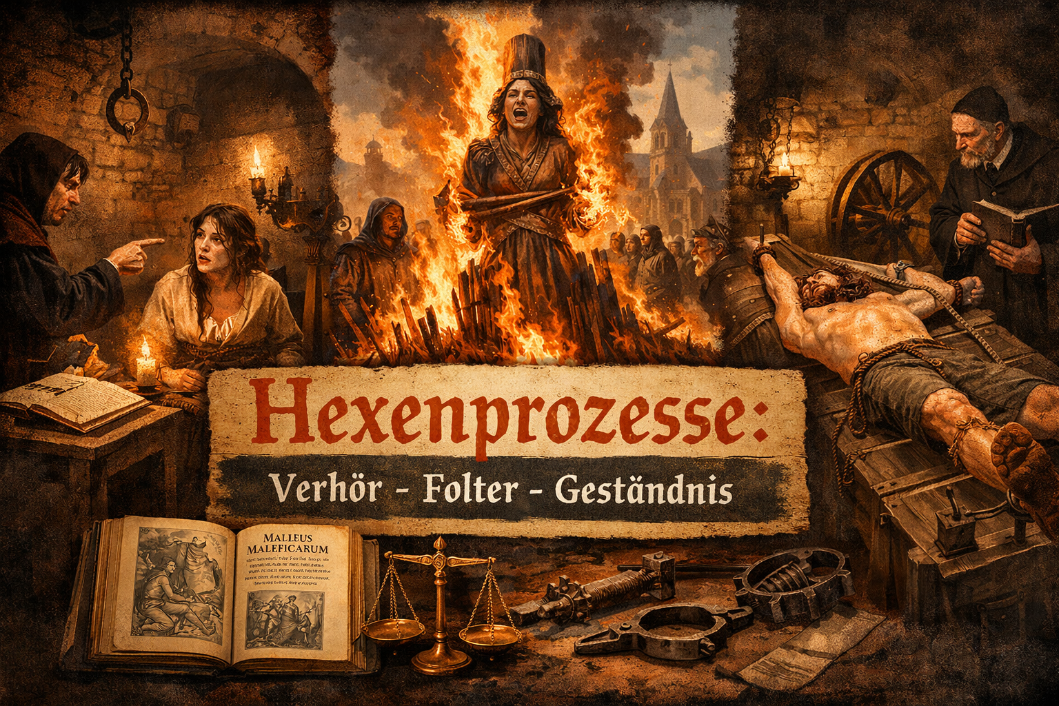 Hexenprozesse Verhör Folter Geständnis – historische Darstellung eines Hexenverhörs, Folterszene und Scheiterhaufens in der frühen Neuzeit