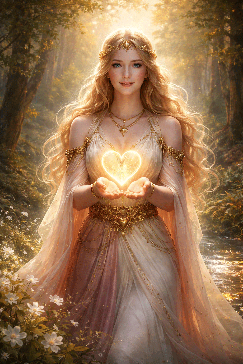 Lofn Göttin der Liebe im goldenen Wald, sanfte nordische Asin mit leuchtendem Herz in den Händen als Symbol für Erlaubnis und verbindende Liebe.