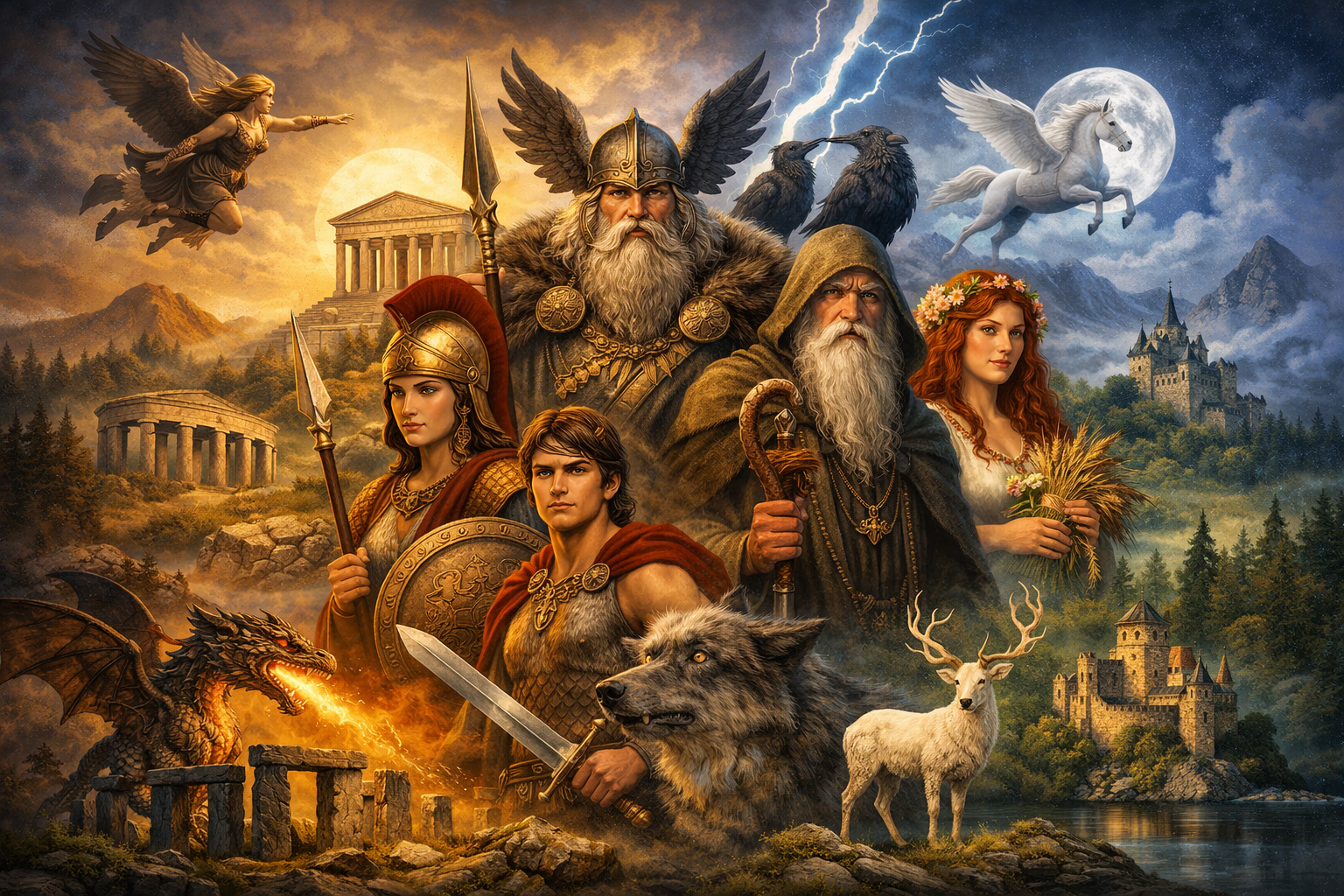 Götter und Mythen Europas – mythologische Göttergestalten aus nordischer, keltischer und antiker Tradition vor symbolischer europäischer Landschaft