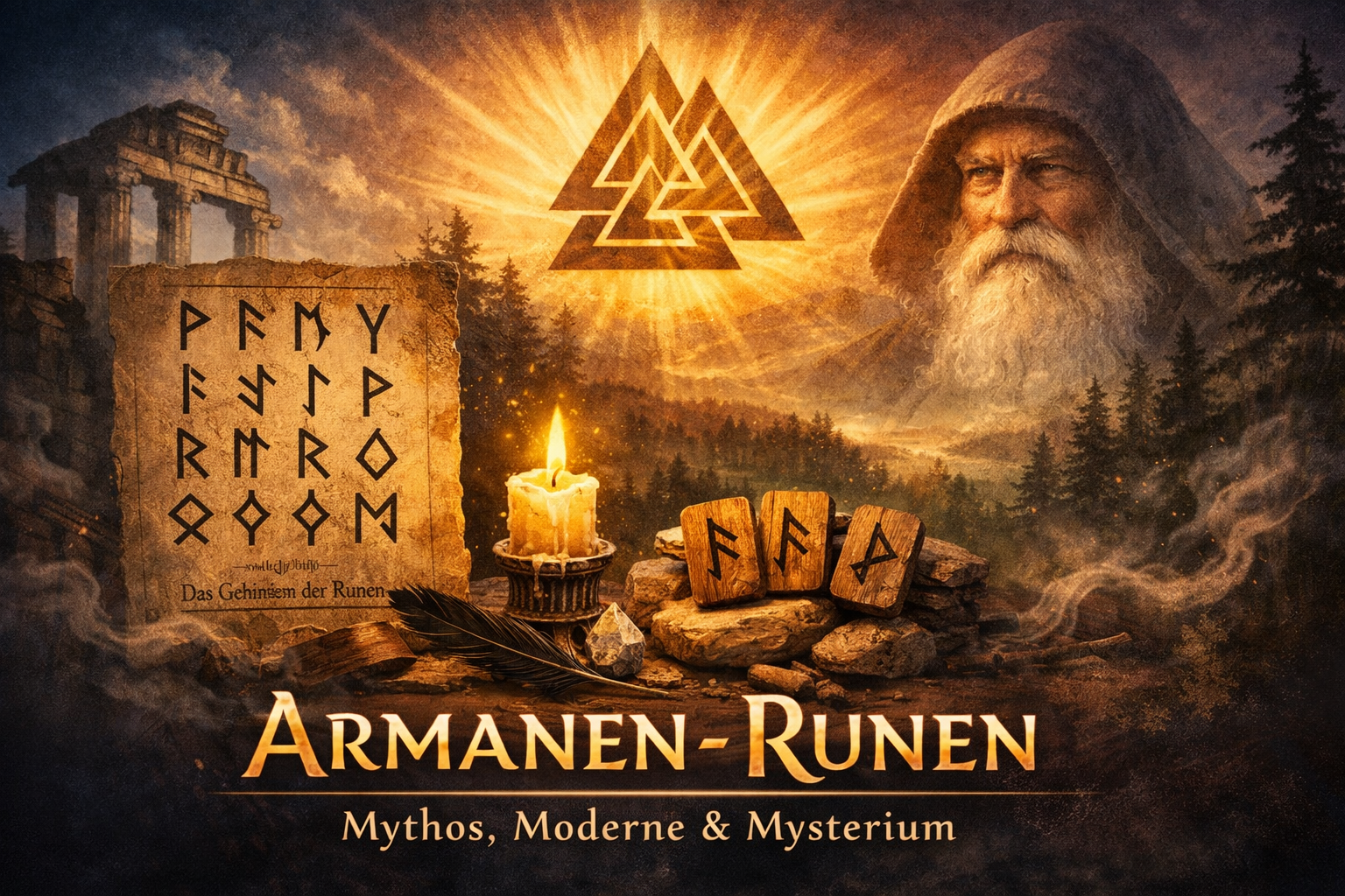 Armanen-Runen als modernes Runensystem – symbolische Darstellung der Armanen-Runen mit mystischer Atmosphäre, Kerzenlicht und mythologischem Hintergrund