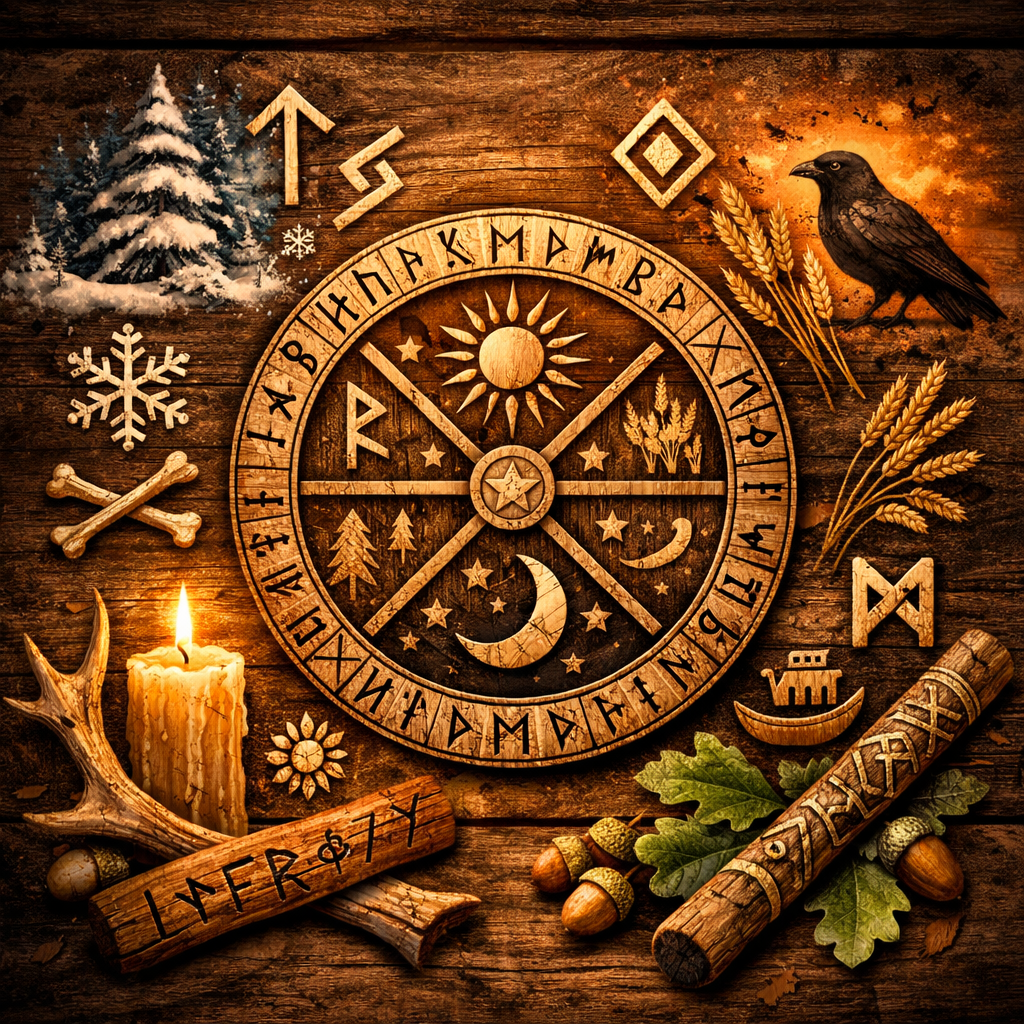Kalender-Runen auf einem nordischen Runenkalender aus Holz mit Jahreszeichen, Sonne, Mond und traditionellen Symbolen des Primstaven im skandinavischen Jahreslauf