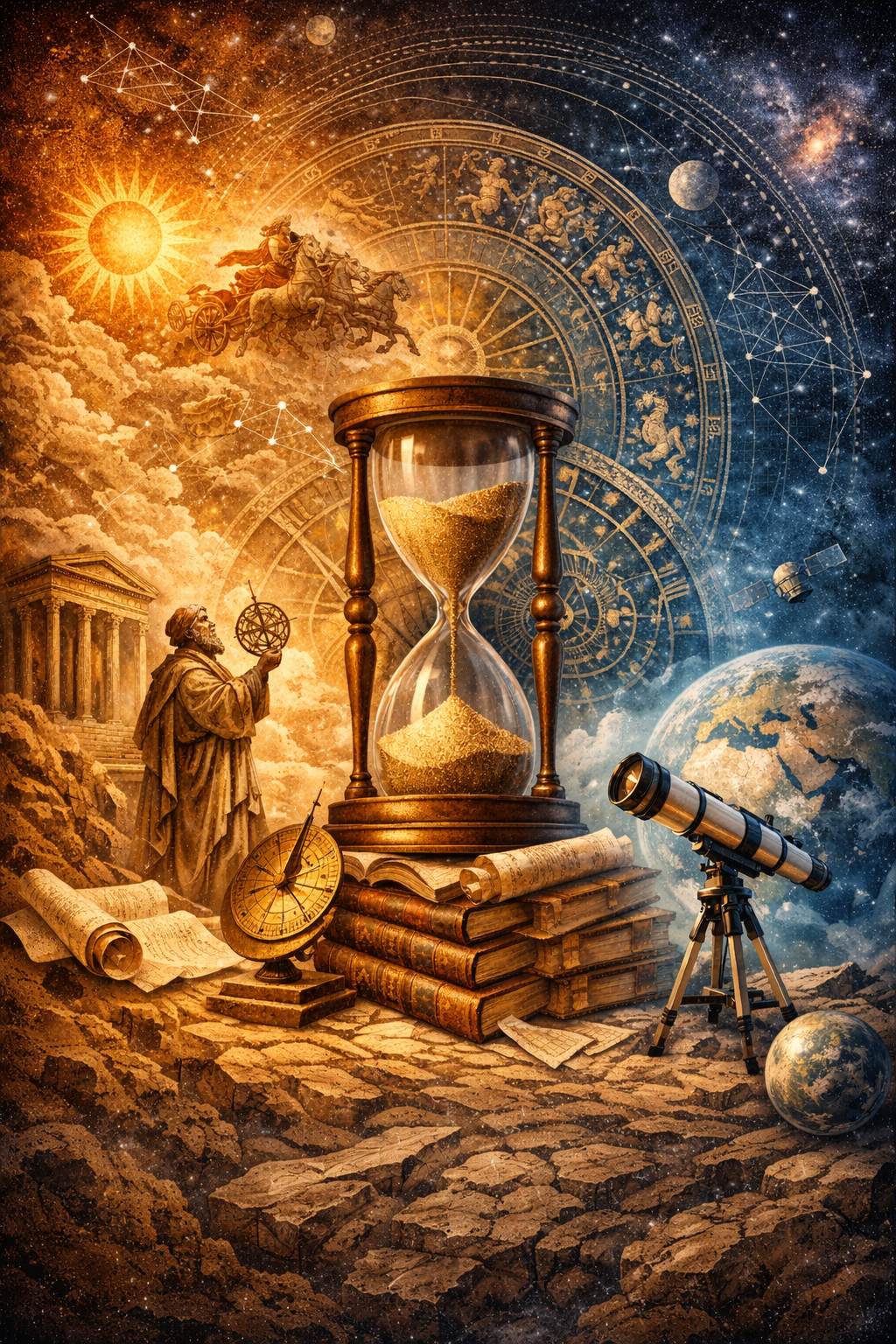 Himmelskunde Ordnungssystem – Symbolische Darstellung des Himmels als Zeit-, Raum- und Ordnungssystem mit Sonne, Sternbildern, astronomischen Instrumenten und kosmischer Struktur im Hochformat