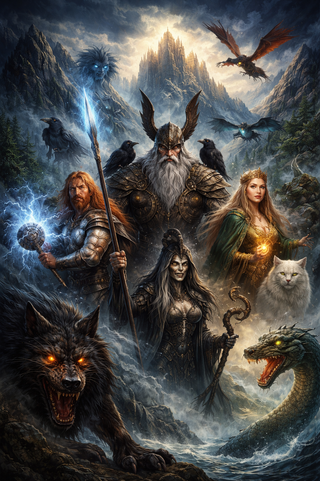 Wesen der nordischen Mythologie mit Odin, mythologischen Kreaturen, Raben, Wolf und Schlange in einer epischen nordischen Landschaft