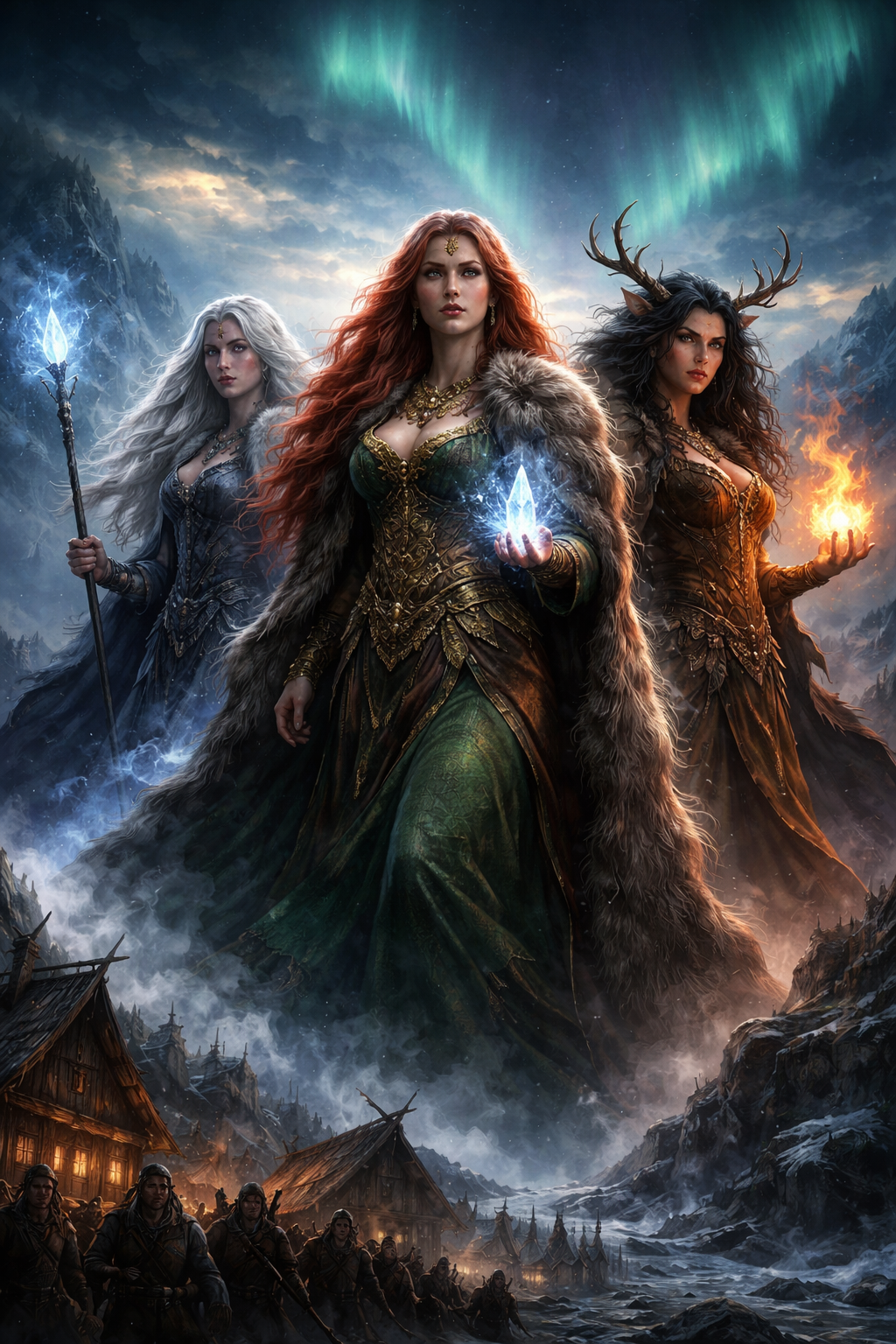 Riesinnen der nordischen Mythologie als mächtige Jötunn-Frauen in einer nordischen Berglandschaft unter dem Nordlicht dargestellt