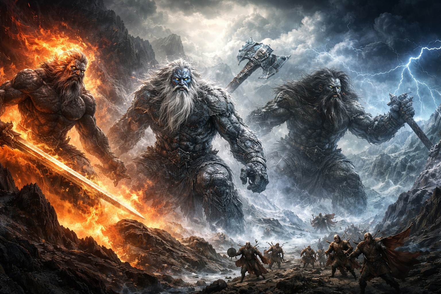 Einzelne Riesen der nordischen Mythologie als gewaltige Jötnar aus Feuer, Eis und Sturm in einer epischen Schlachtlandschaft.