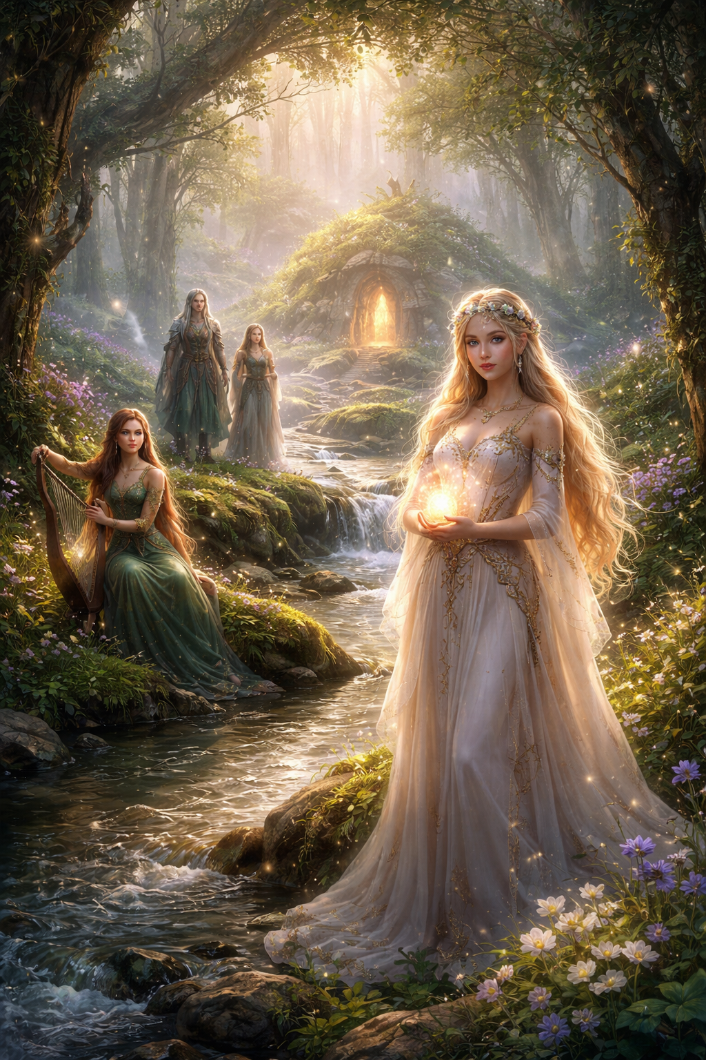 Elfen der nordischen Mythologie in einem mystischen Wald nahe Alfheim mit Lichtelfen in einer magischen Naturlandschaft