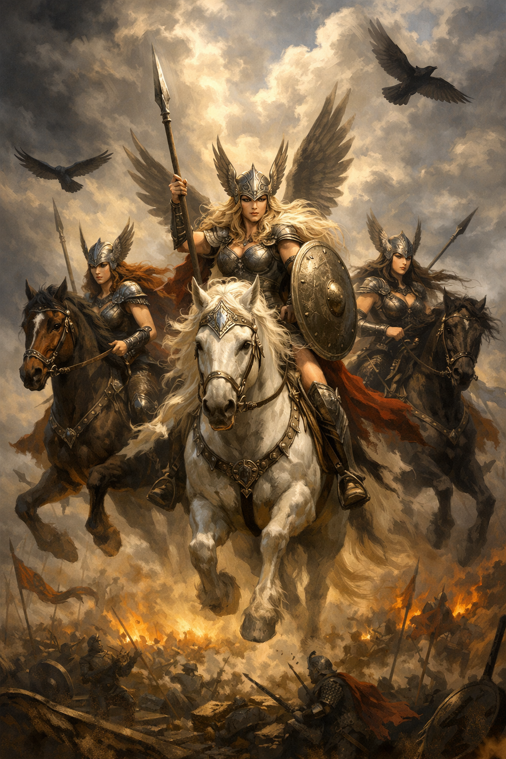 Walküren der nordischen Mythologie reiten über ein Schlachtfeld und wählen gefallene Krieger für Walhall aus
