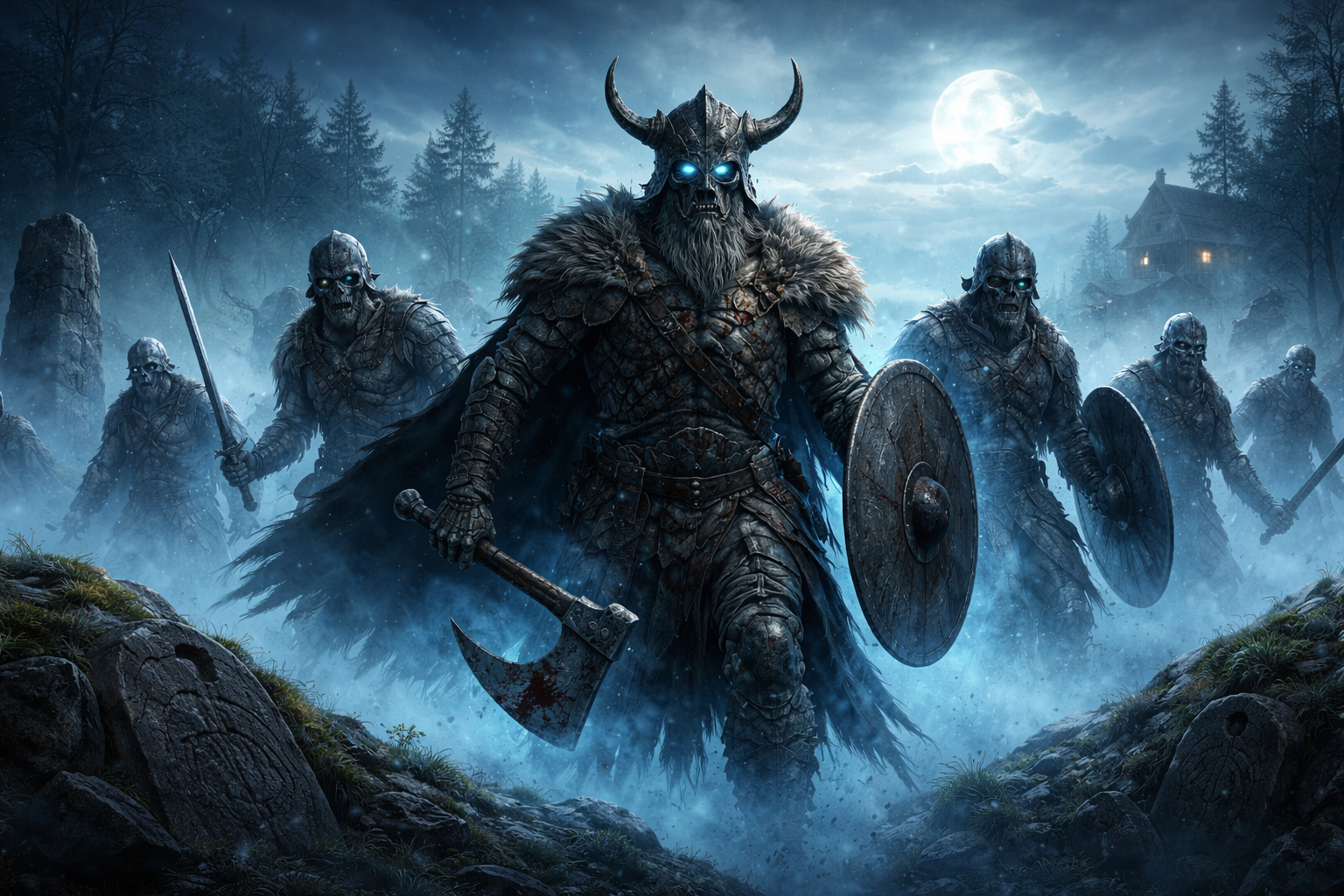 Untote der nordischen Mythologie als Draugr-Krieger steigen aus einem nebligen Grabhügel unter dem Mond auf