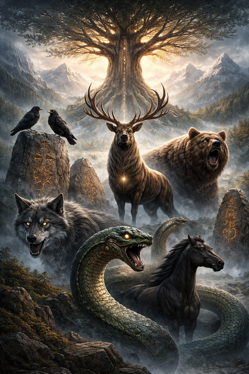 Mythologische Tiere der nordischen Mythologie in einer nordischen Landschaft mit Runen und Weltenbaum