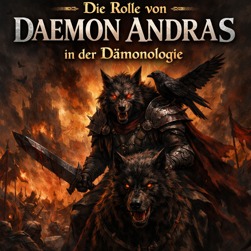 Daemon Andras Dämon aus der Ars Goetia als dunkle Fantasy Darstellung mit Wolf, Schwert und brennender Schlachtlandschaft im Hintergrund