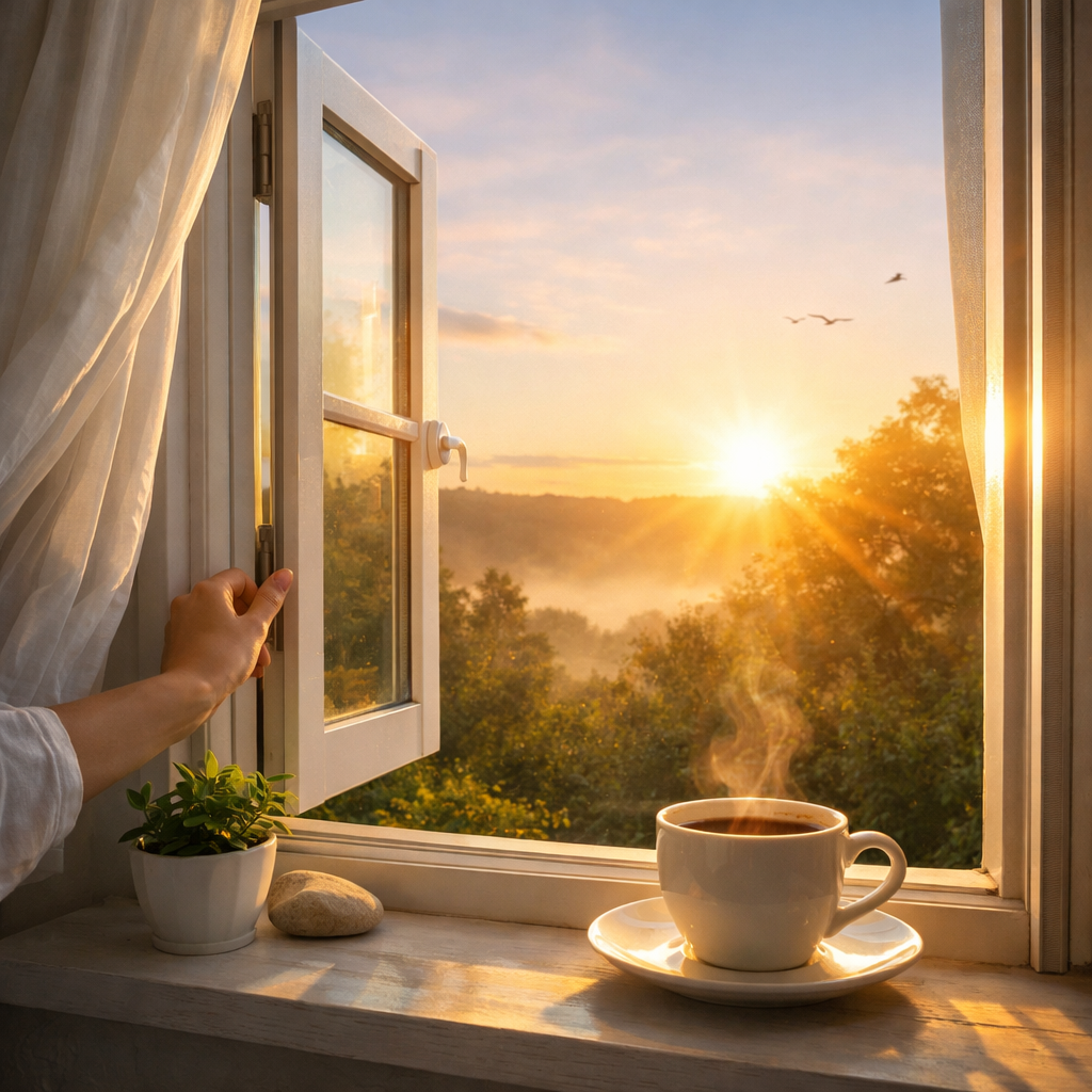 morgenritual fenster oeffnen mit sonnenaufgang frische luft und ruhiger start in den tag