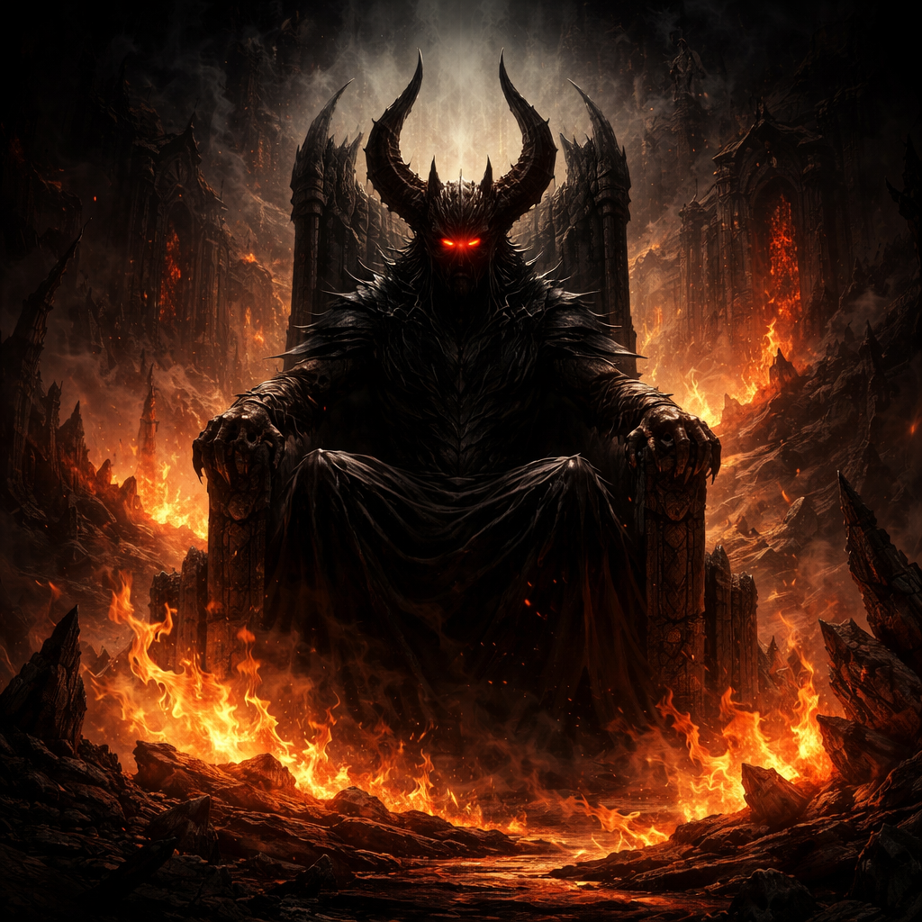 daemon arioch als dunkle schattenfigur auf einem thron in der hoelle umgeben von feuer und flammen
