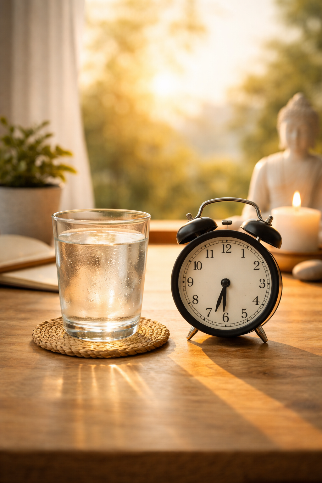 Wasser am Morgen Ritual mit Glas Wasser im warmen Sonnenlicht auf Holztisch neben Wecker und ruhiger Meditationsumgebung
