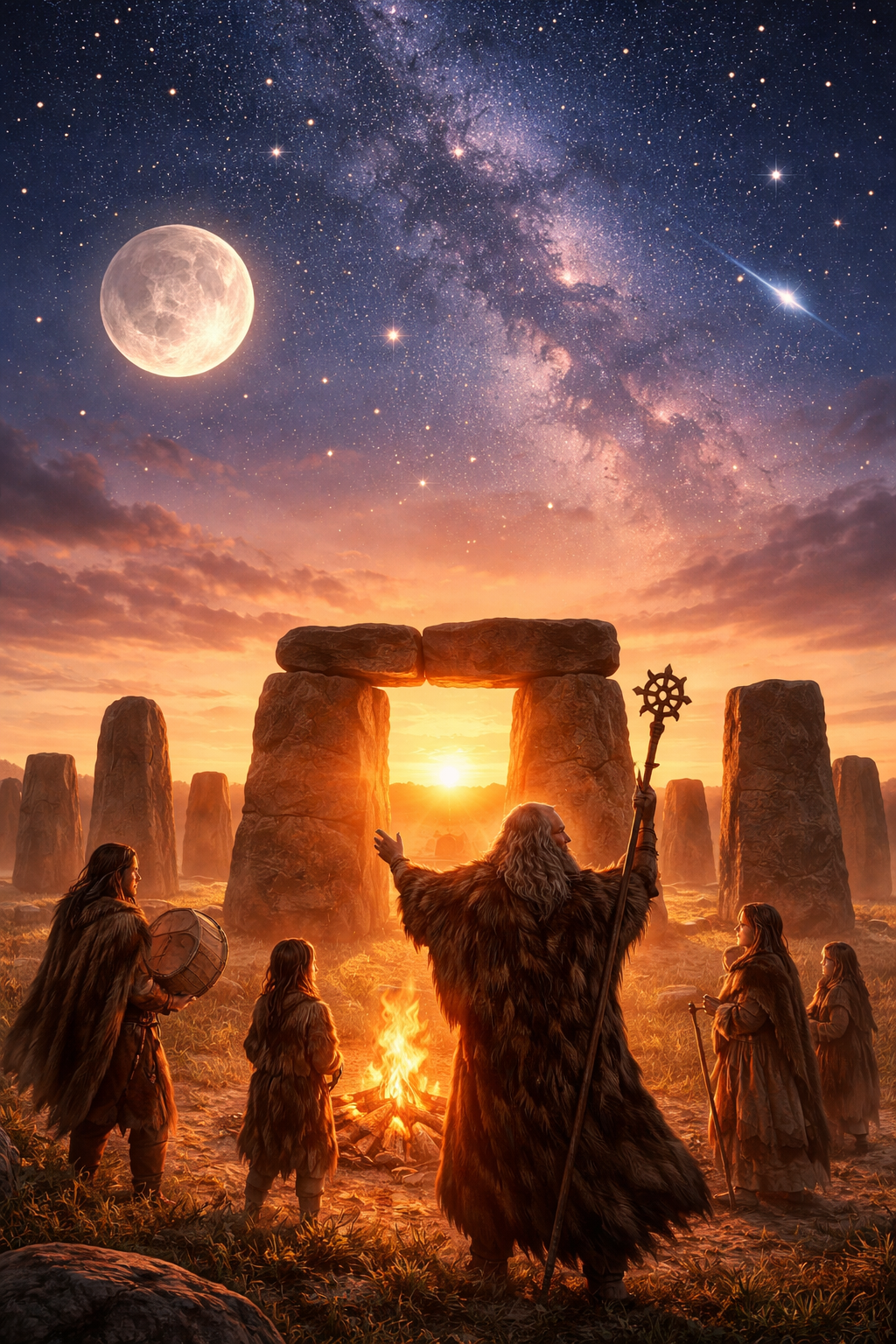 Himmelsbeobachtung in der Steinzeit an einem Steinkreis bei Sonnenuntergang mit Ritualfeuer, Schamane und leuchtendem Sternenhimmel über monumentalen Megalithen in Europa