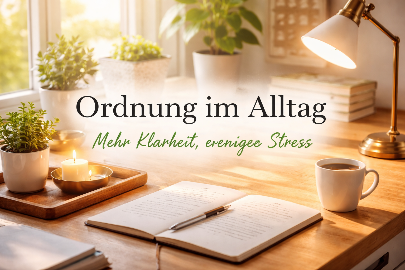 Ordnung im Alltag – aufgeräumter Schreibtisch mit Pflanzen, Kerze, Notizbuch und Kaffee für mehr Klarheit und weniger Stress