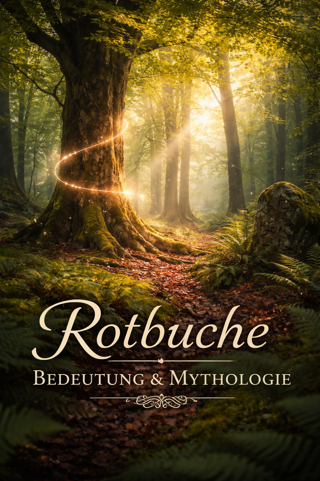 Rotbuche Bedeutung und Mythologie – alter Buchenwald mit Sonnenlicht und mystischer Atmosphäre