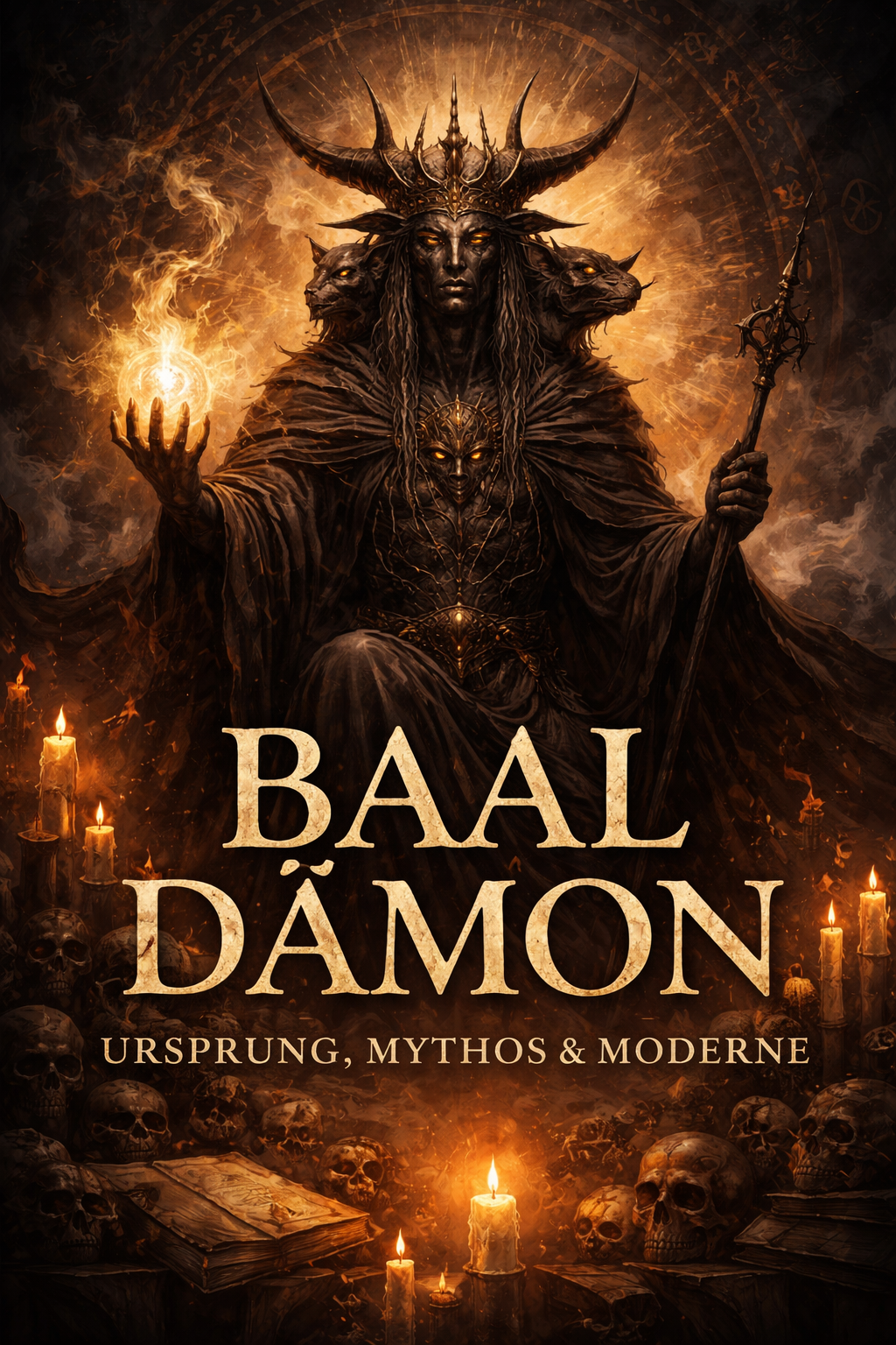 Baal Daemon als dreiköpfige dämonische Gestalt mit Krone, Feuer und okkulten Symbolen im dunklen Hintergrund