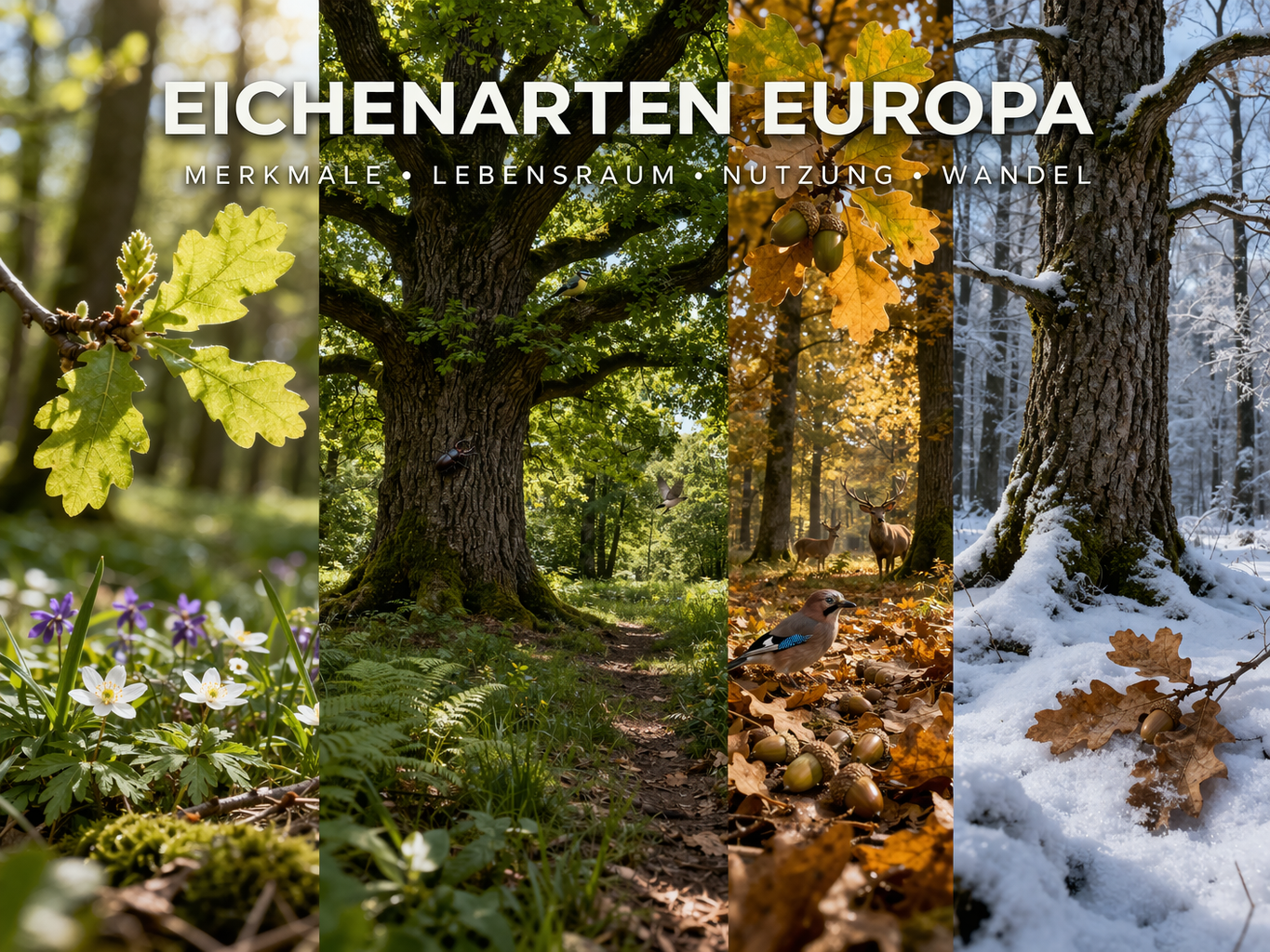 Eichenarten Europa im Jahresverlauf mit Blättern, Eicheln und alten Eichen im Wald