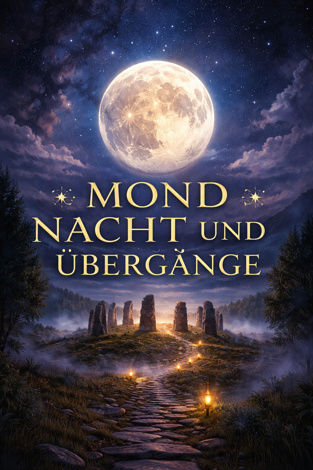 Mond Nacht und Übergänge – heller Vollmond über mystischer Landschaft mit Steinkreis, nächtlicher Himmel und leuchtender Pfad im Nebel