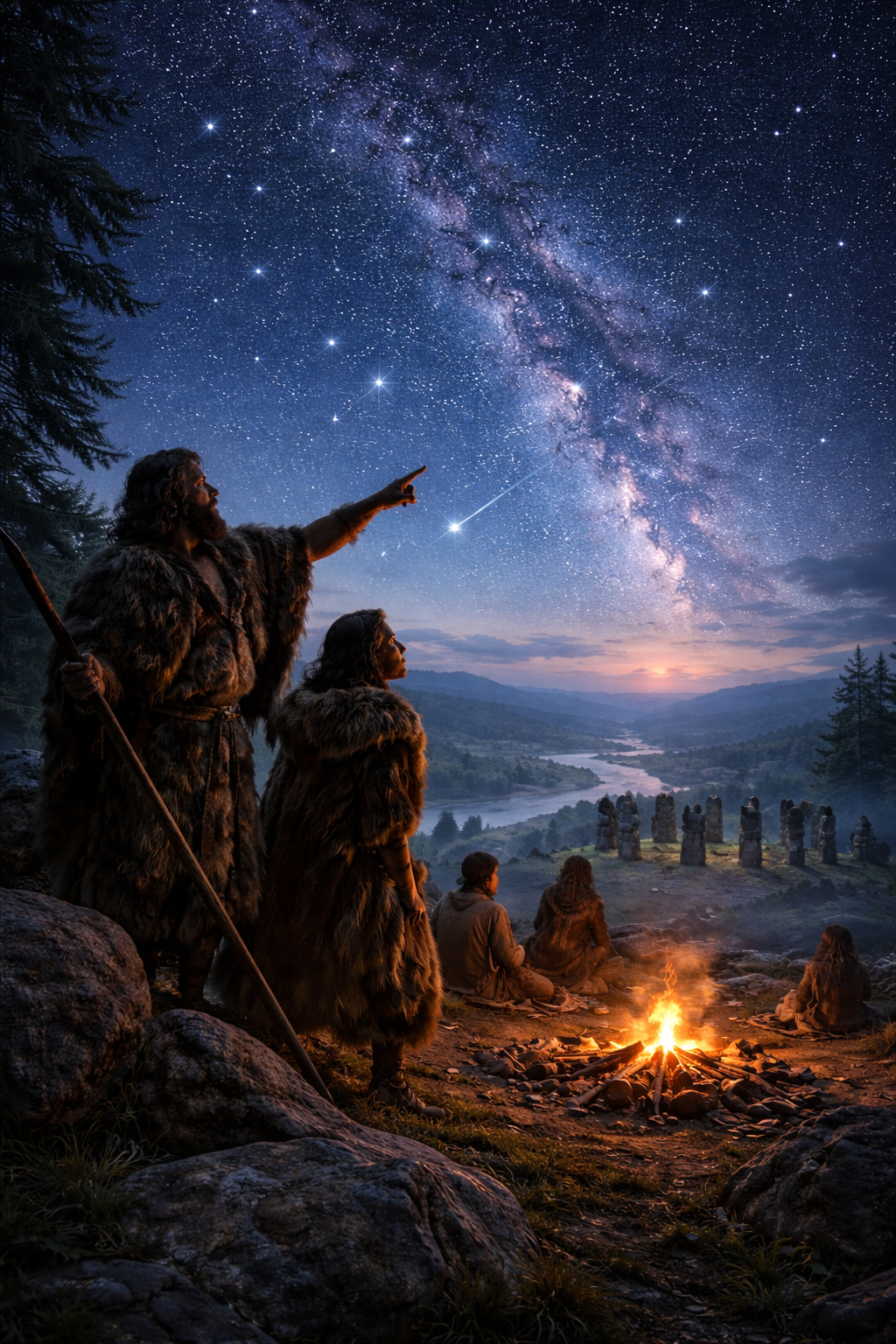 Himmelsbeobachtung in der Frühgeschichte: Jäger und frühe Menschen beobachten den Sternenhimmel und die Milchstraße in einer prähistorischen Landschaft bei einem Lagerfeuer.