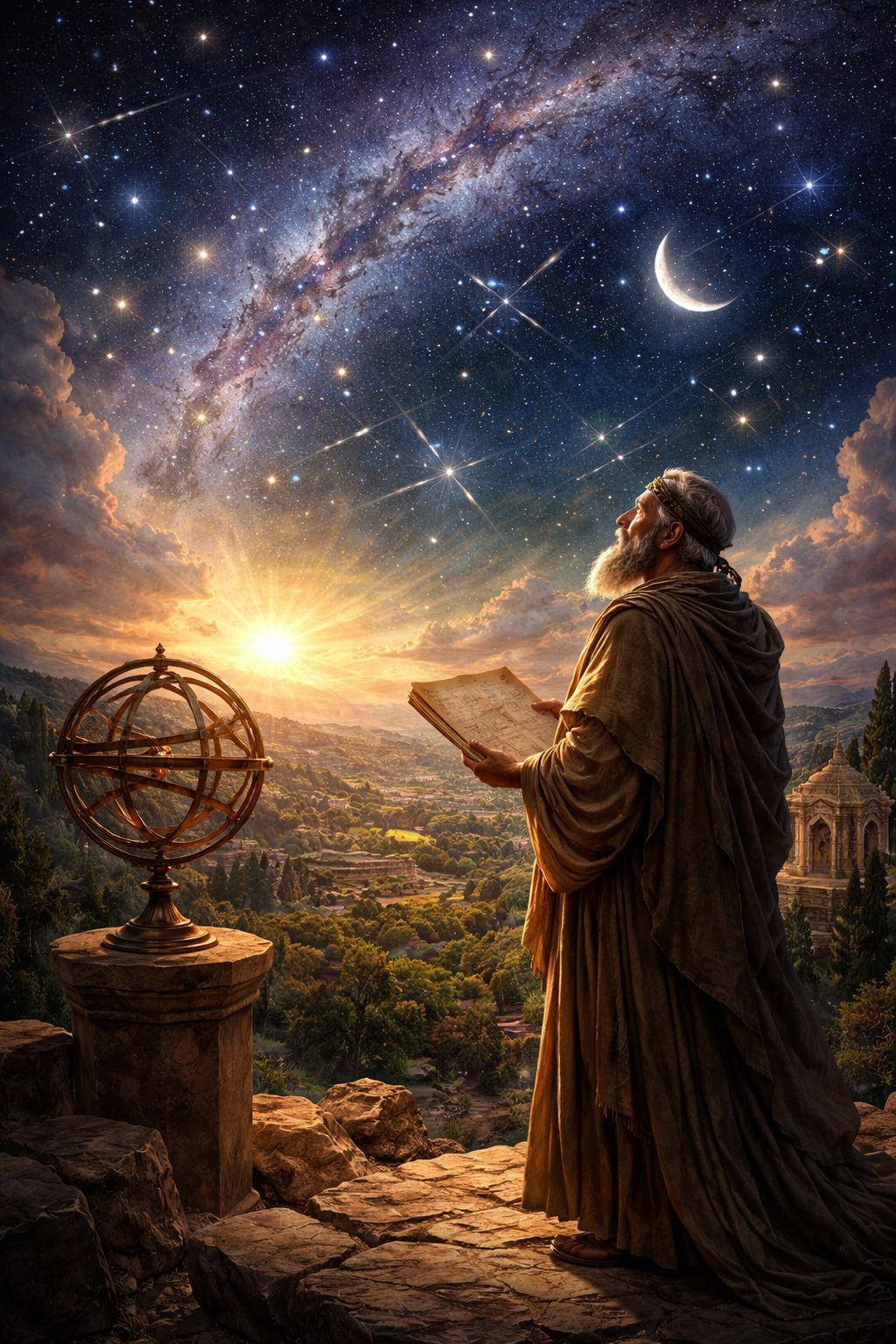 Antiker Gelehrter beobachtet den Sternenhimmel und erklärt den Himmel als kosmische Ordnung im Weltbild der Antike