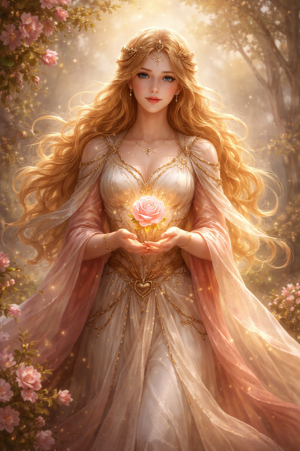 Lofn Göttin der Liebe als nordische Göttin der sanften Liebe mit leuchtender Rose in den Händen in einer mystischen Waldszene