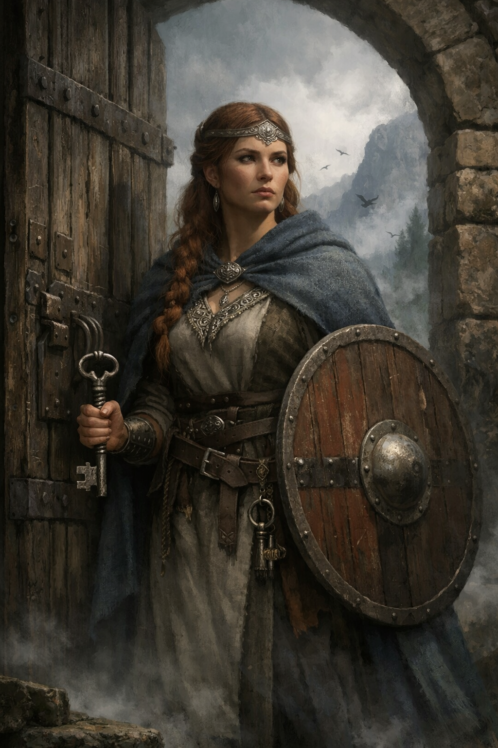 Syn Göttin der Grenze bewacht eine steinerne Tür und hält Schlüssel und Schild als Symbol für Schutz, Abwehr und das klare Nein in der nordischen Mythologie.
