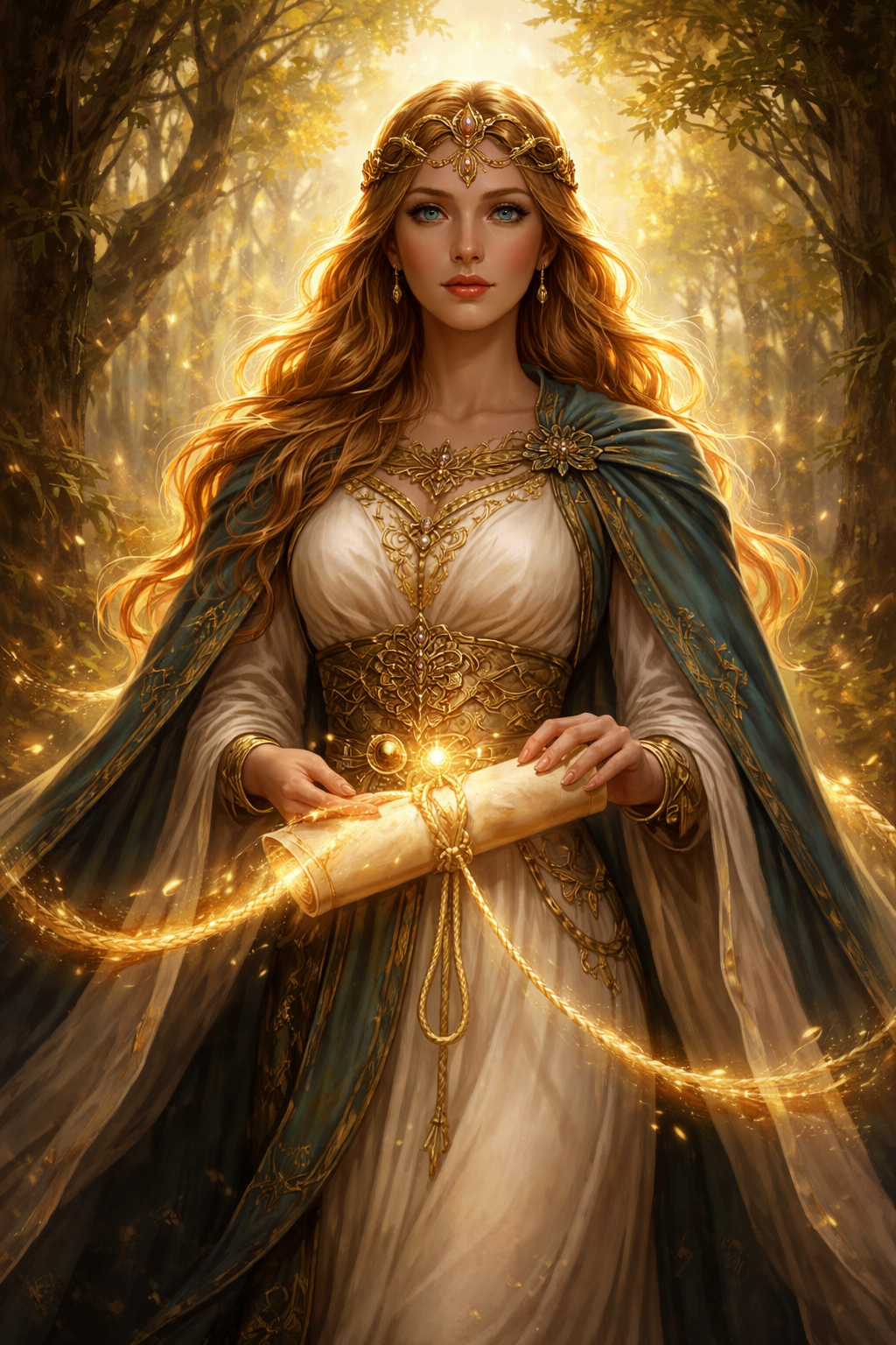 Vár Göttin der Eide in der nordischen Mythologie mit leuchtendem Schwurband und Schriftrolle im goldenen Wald – Symbol für Versprechen und Gelübde