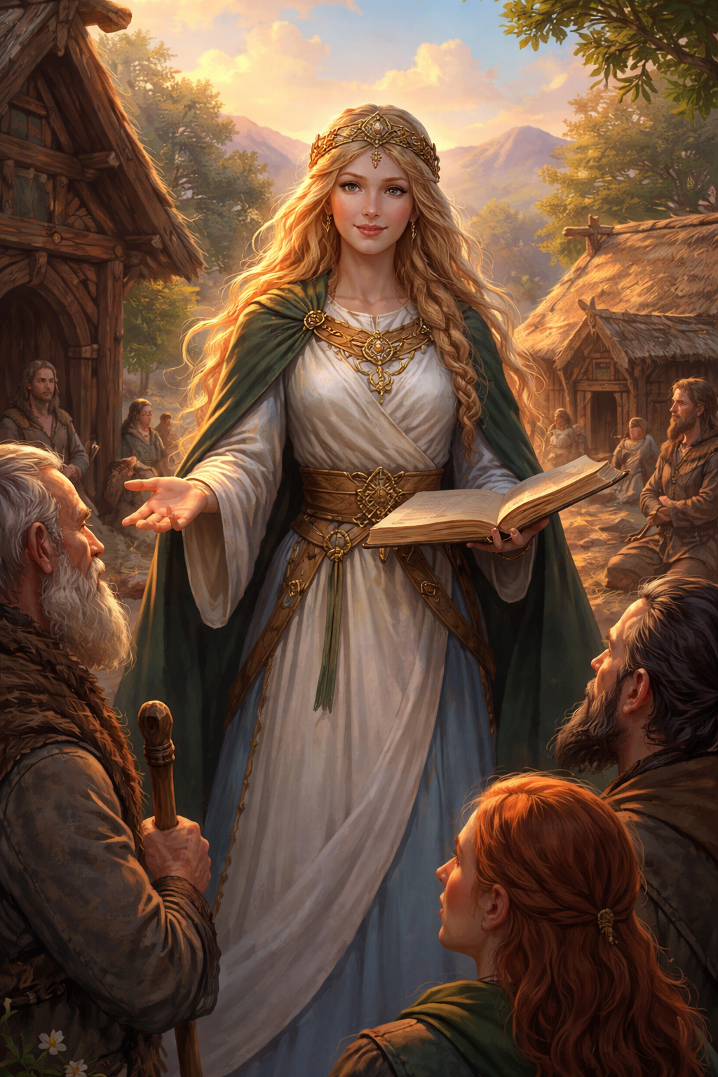 Snotra Göttin der Höflichkeit in nordischer Mythologie – Darstellung einer weisen nordischen Göttin, die in einem Wikingerdorf mit ruhiger Ausstrahlung Klugheit, Respekt und gutes Benehmen symbolisiert.