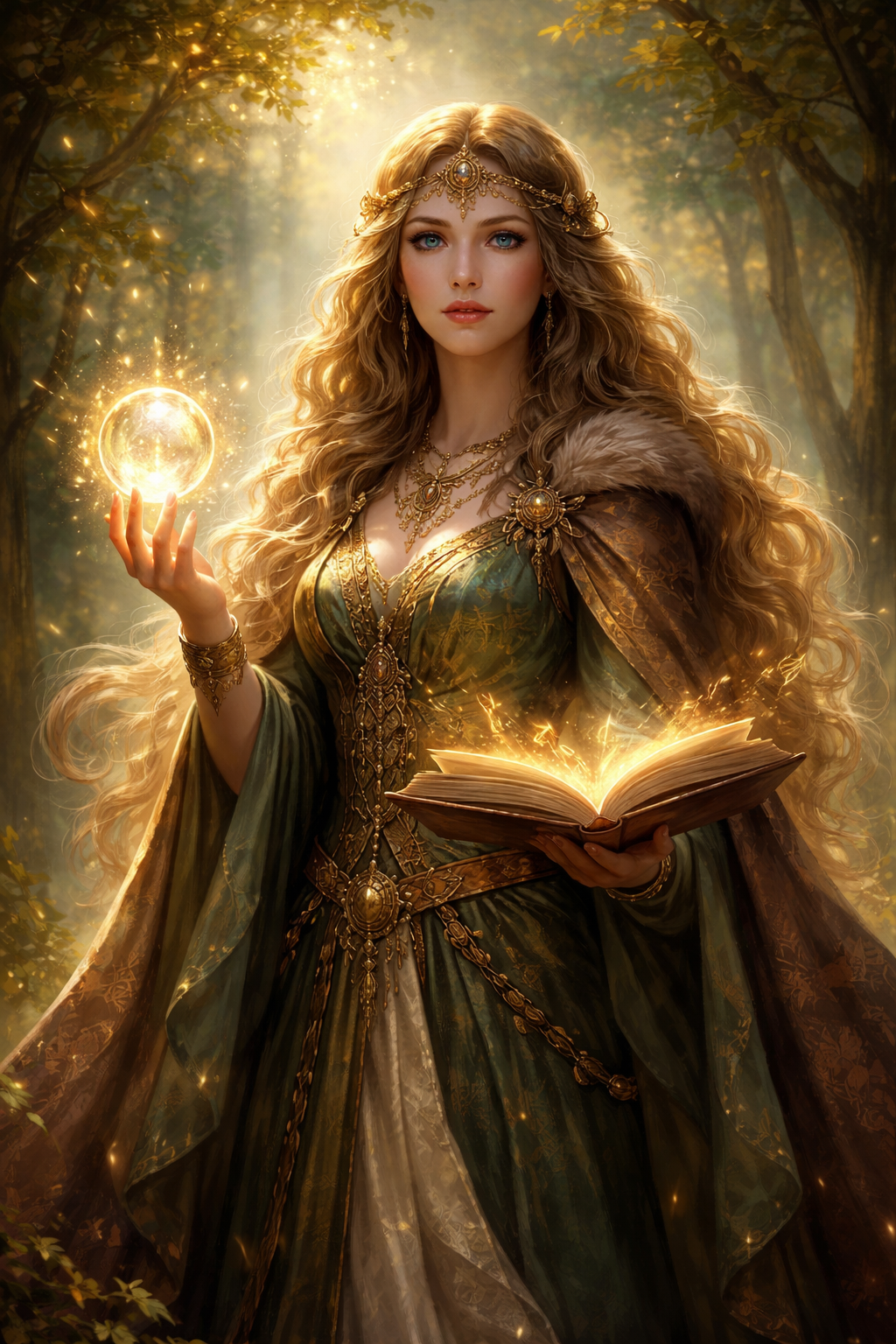 Vor Göttin der nordischen Mythologie mit leuchtender Wissenskugel und magischem Buch als Symbol für verborgenes Wissen und Aufmerksamkeit im mystischen Wald.
