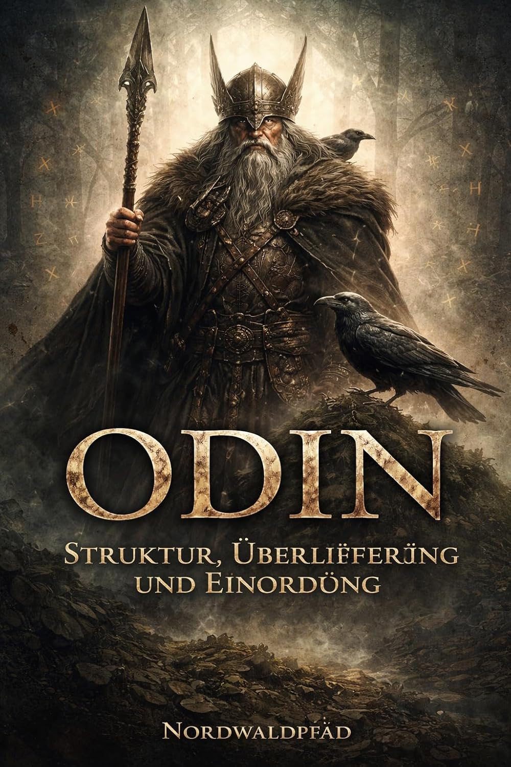 Odin in der nordischen Mythologie mit Raben und Speer vor Valhalla im nordischen Stil
