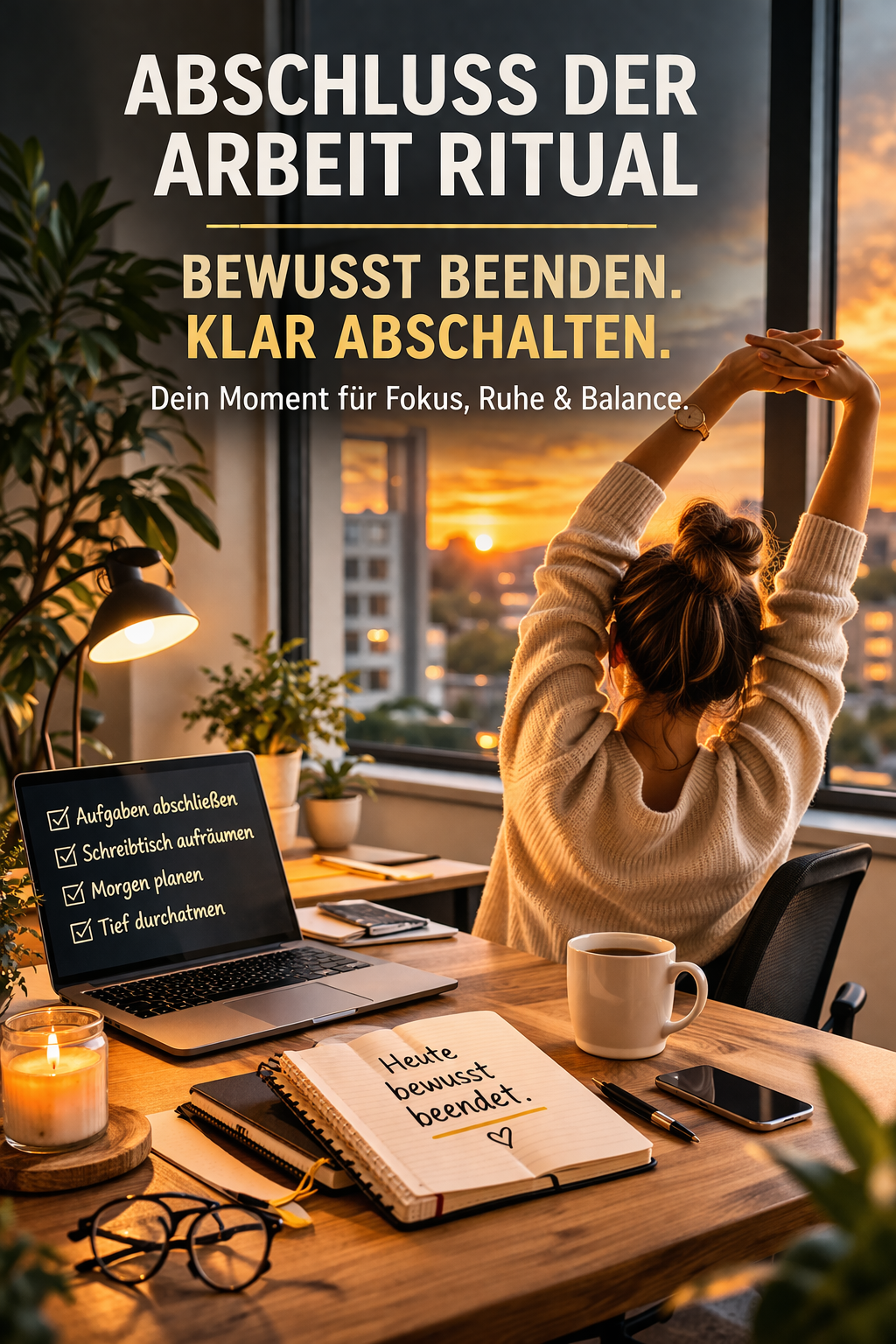Abschluss der Arbeit Ritual Bedeutung: Frau beendet bewusst den Arbeitstag am Schreibtisch bei Sonnenuntergang und startet entspannt in den Feierabend