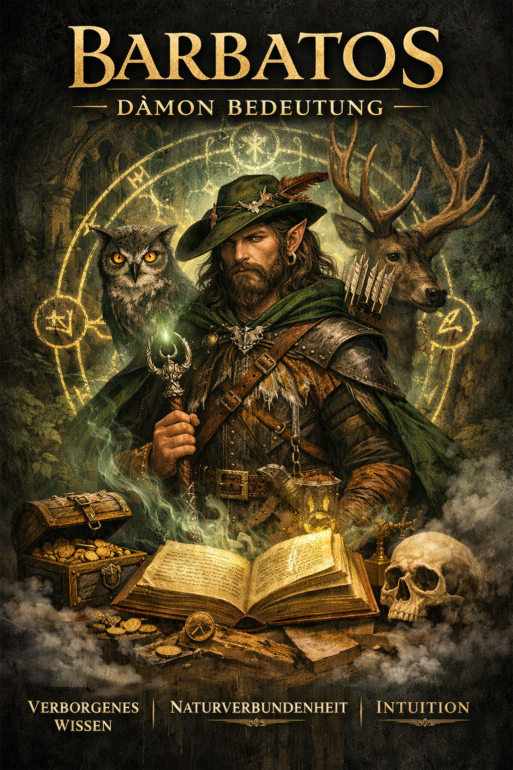 Barbatos Daemon Bedeutung Darstellung als mystischer Jaeger mit Tieren, magischem Buch und Symbolen fuer verborgenes Wissen und Naturverbindung