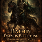 Bathin Daemon Bedeutung Illustration mit reitender dunkler Gestalt auf Pferd und Schlange, symbolisch fuer Wissen, Transformation und Goetia Mythologie