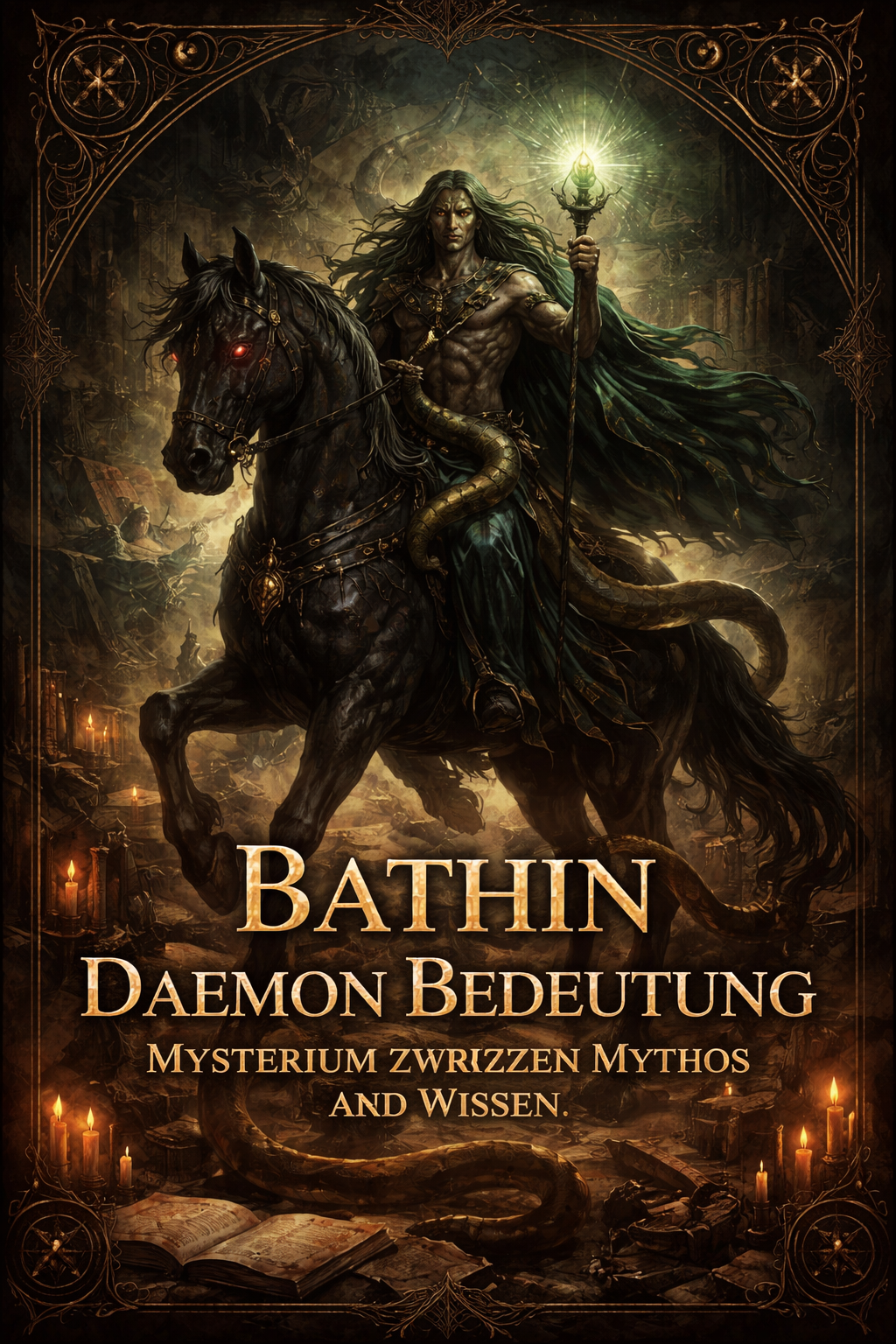 Bathin Daemon Bedeutung Illustration mit reitender dunkler Gestalt auf Pferd und Schlange, symbolisch fuer Wissen, Transformation und Goetia Mythologie
