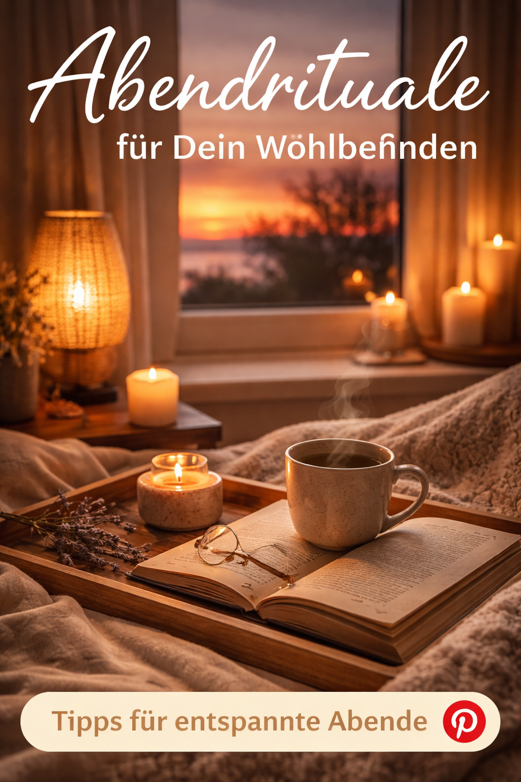 Abendrituale Bedeutung gemütlicher Abend mit Kerzenlicht Buch und Tee ruhige entspannte Atmosphäre für besseren Schlaf