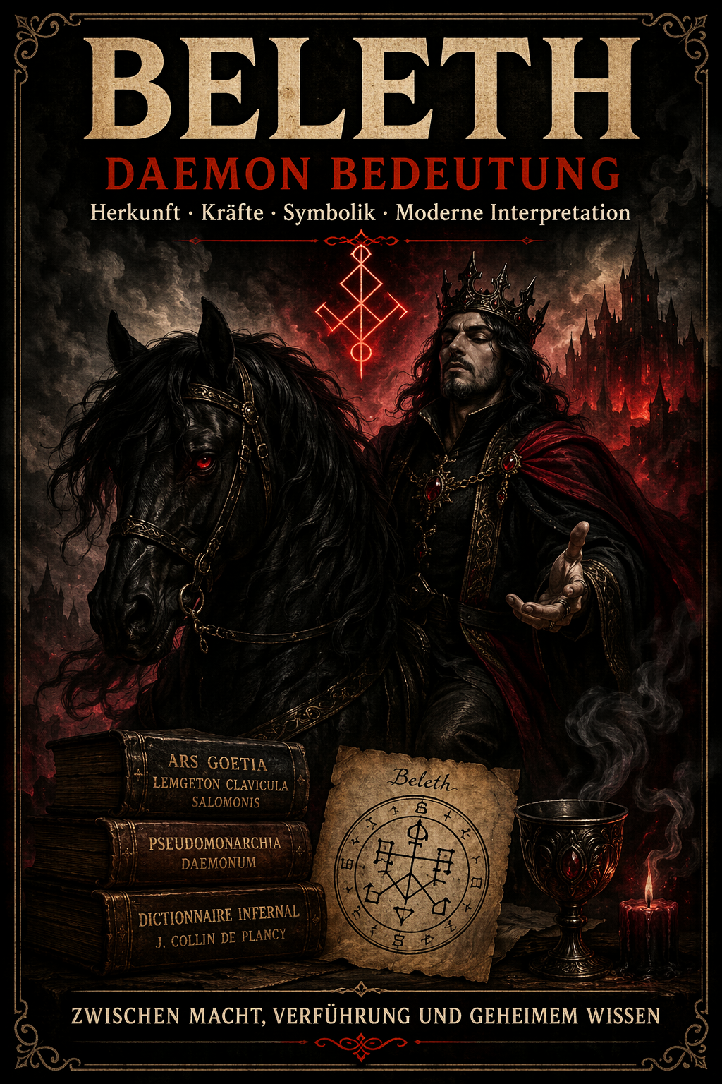 Beleth Daemon Bedeutung Darstellung als Koenig auf schwarzem Pferd mit okkulten Symbolen und Ars Goetia Hintergrund
