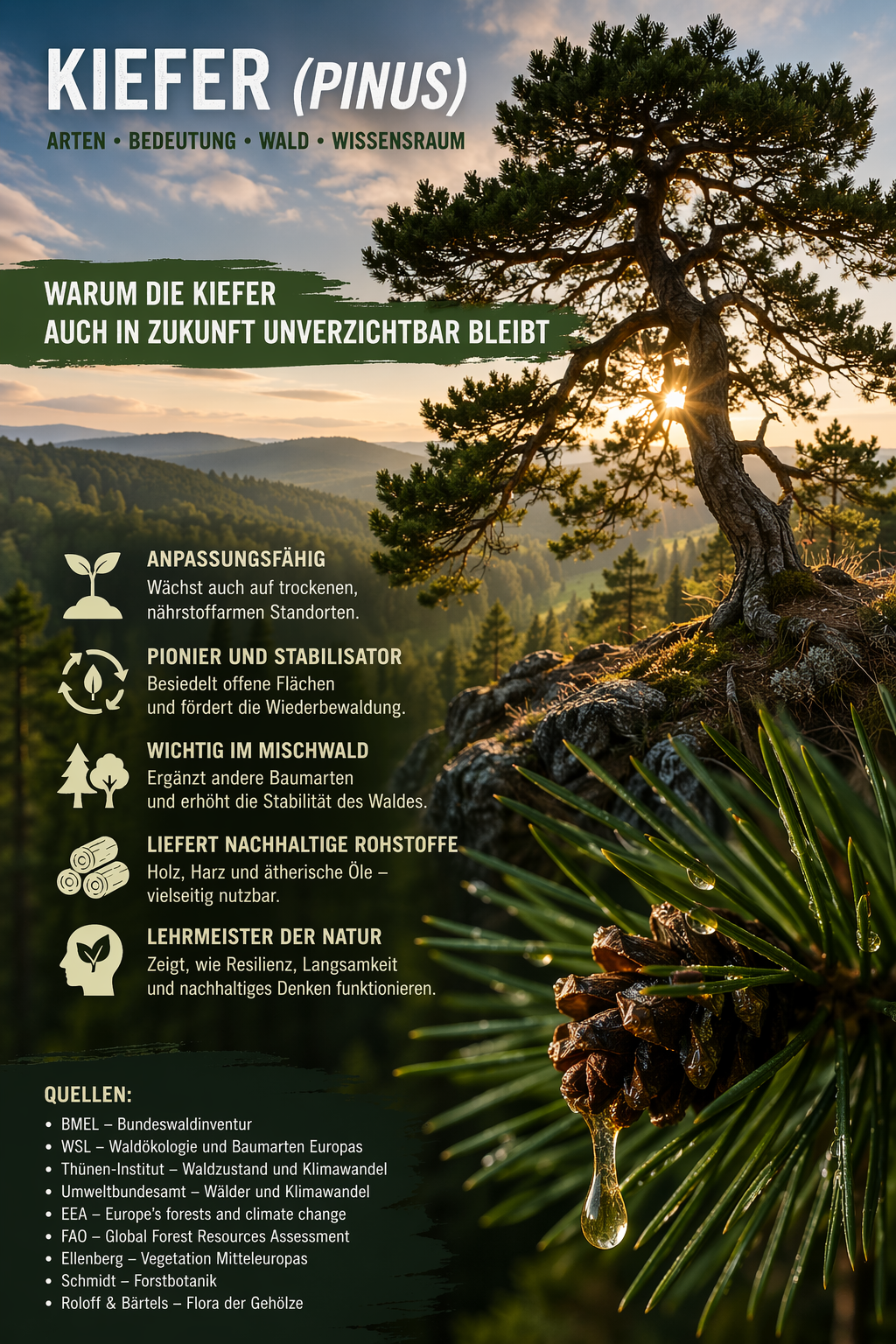 Kiefer Pinus Arten im Wald als Wissensraum mit einzelner Kiefer auf Felsen bei Sonnenuntergang, Symbol für Anpassung, Resilienz und nachhaltige Waldentwicklung