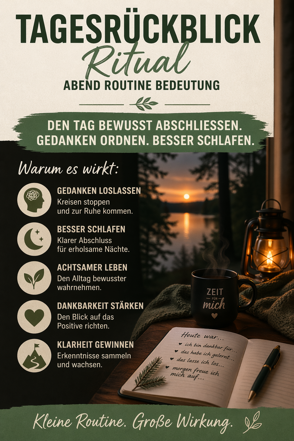 Tagesrückblick Ritual Abend Routine Bedeutung mit Journal schreiben am Abend zur Reflexion, Gedanken ordnen und besseren Schlaf fördern