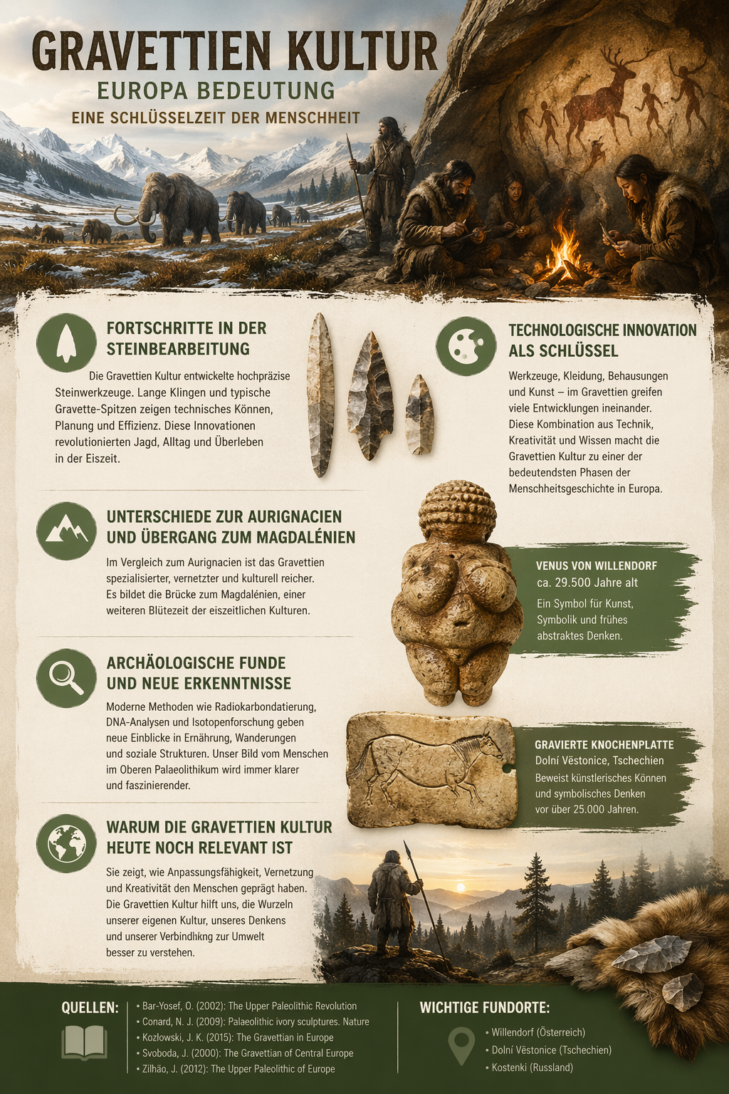Gravettien Kultur Europa Bedeutung Darstellung mit eiszeitlichen Menschen, Mammuts, Höhlenkunst und Werkzeugen im Oberen Palaeolithikum