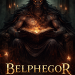 Belphegor Daemon Bedeutung – dunkler Daemon mit Hoernern auf Thron liest in magischem Buch in gotischer Umgebung