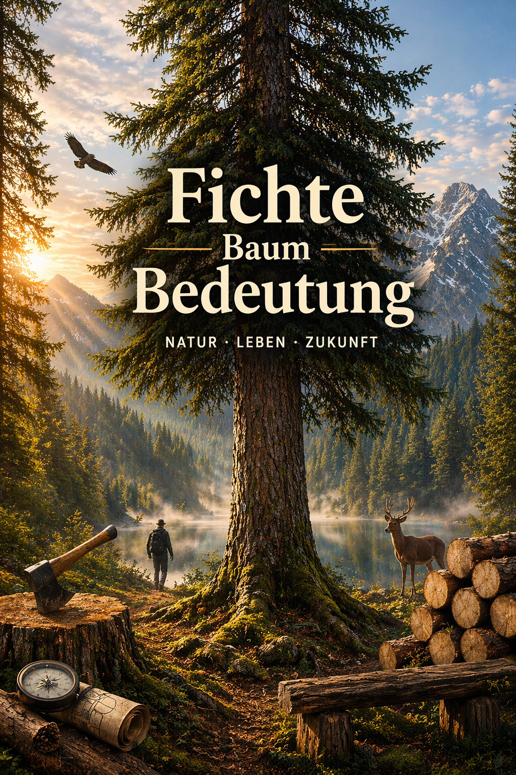 Fichte Baum Bedeutung – große Fichte im Wald mit Bergen, See, Holzstapeln und Naturkulisse im Morgenlicht