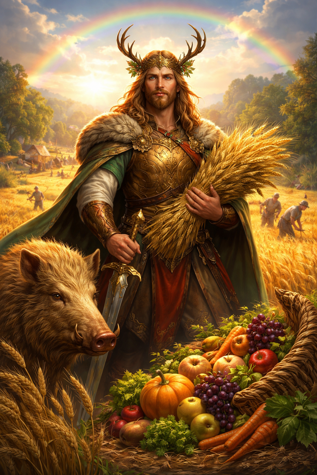 Freyr nordische Mythologie als Fruchtbarkeitsgott mit goldenem Eber und Ernte im Hintergrund