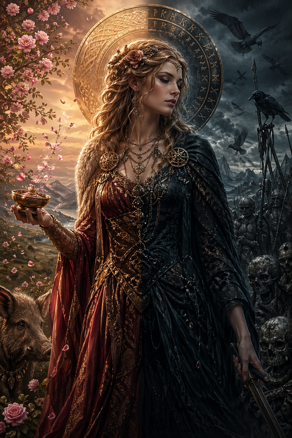 Freyja nordische Mythologie Bedeutung – Göttin zwischen Liebe, Tod und Magie in mystischer Darstellung
